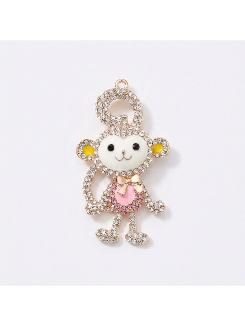 Gold Tone Pink Clear Rhinestone Monkey Pendant Articulated 3.5" READ